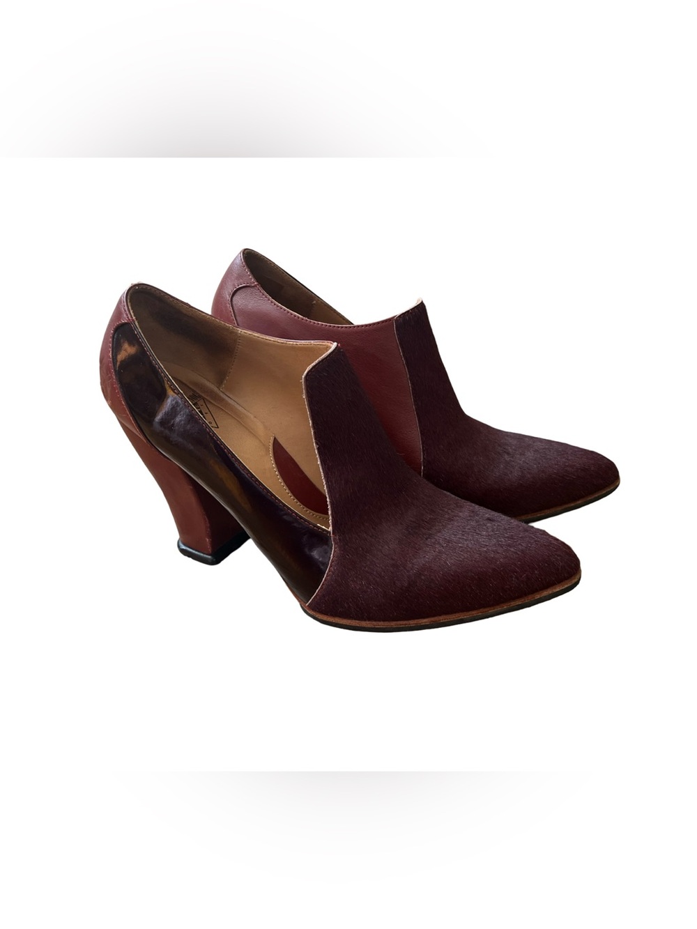 John Fluevog Women's Burgundy Mixed-Material Pointed Mid-Heel Shoes KENDRA style
